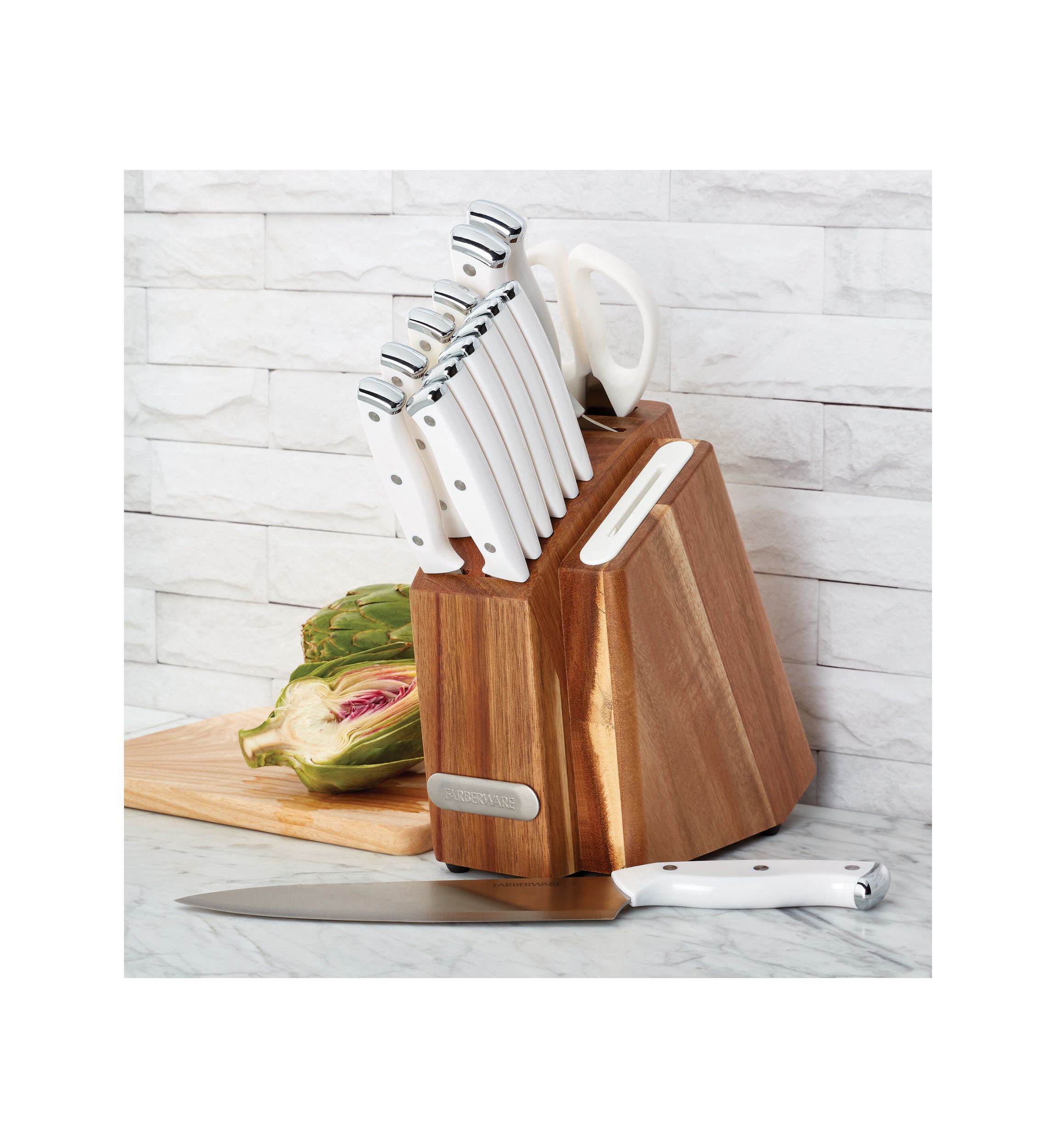Triple Rivet White Slim Cutlery Acacia Wood Block Set with Built-In Edgekeeper® Sharpener