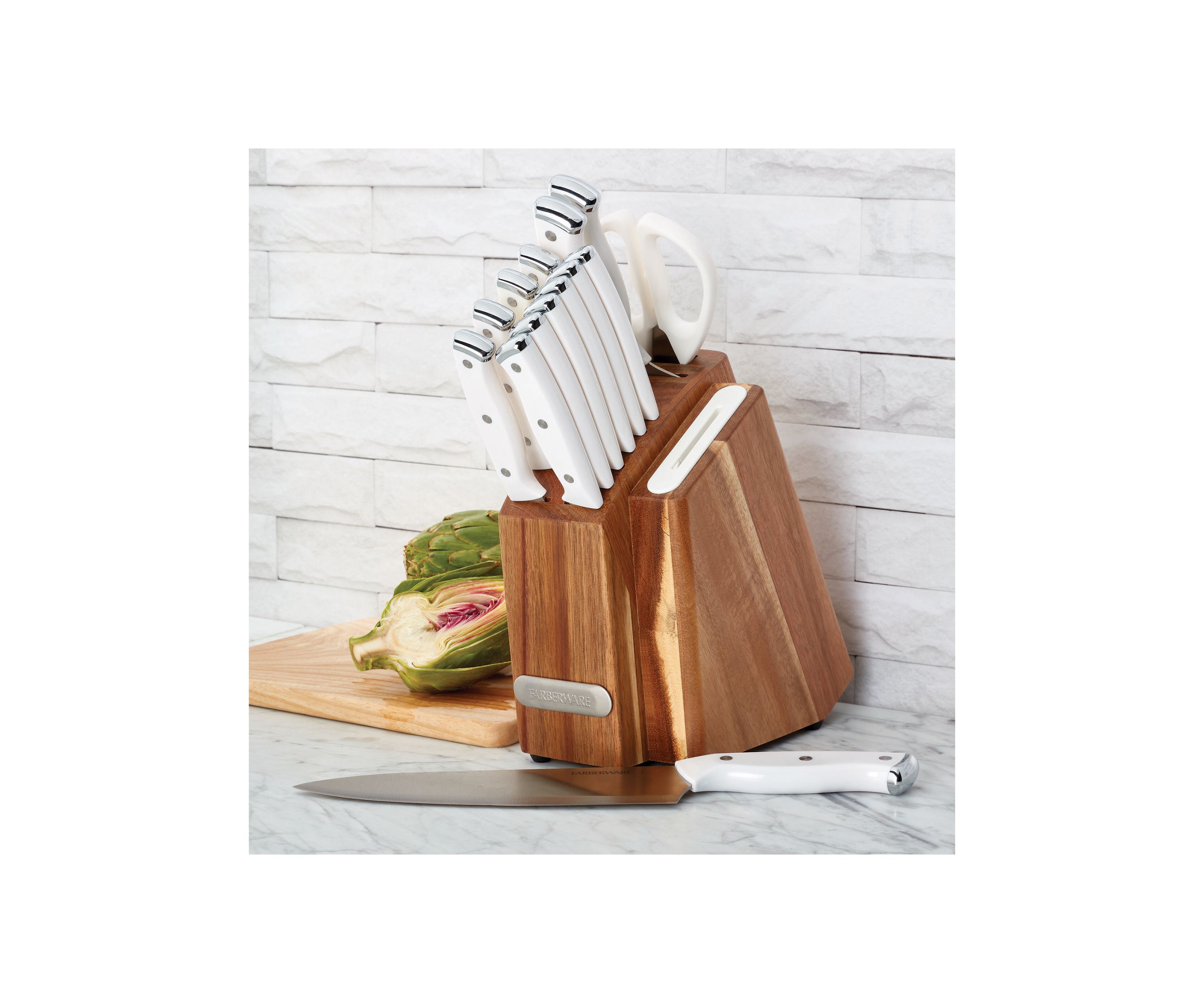 Triple Rivet White Slim Cutlery Acacia Wood Block Set with Built-In Edgekeeper® Sharpener