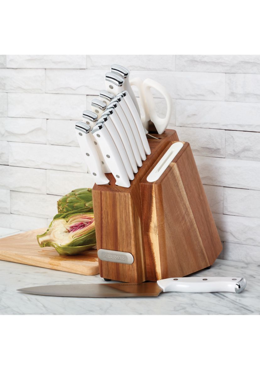 Triple Rivet White Slim Cutlery Acacia Wood Block Set with Built-In Edgekeeper® Sharpener