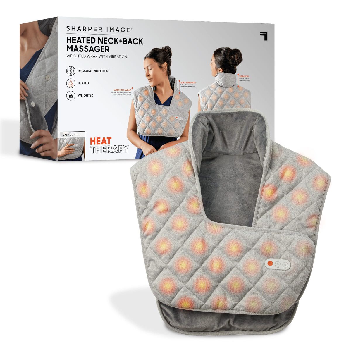 Sharper Image® Heated Neck and Back Massager, Weighted Wrap With 3 Vibration Levels, Durable Quilted Plush Fabric For Pain, Tension, and Stress Relief