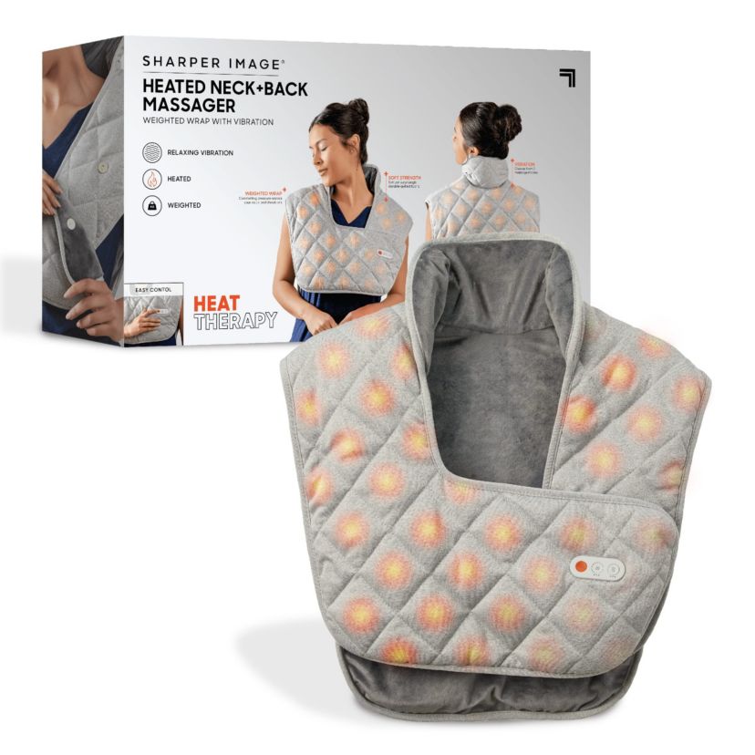 Sharper Image® Heated Neck and Back Massager, Weighted Wrap With 3 Vibration Levels, Durable Quilted Plush Fabric For Pain, Tension, and Stress Relief