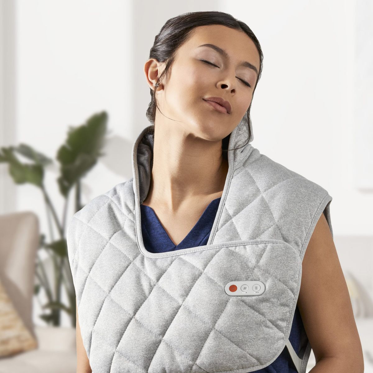 Sharper Image® Heated Neck and Back Massager, Weighted Wrap With 3 Vibration Levels, Durable Quilted Plush Fabric For Pain, Tension, and Stress Relief