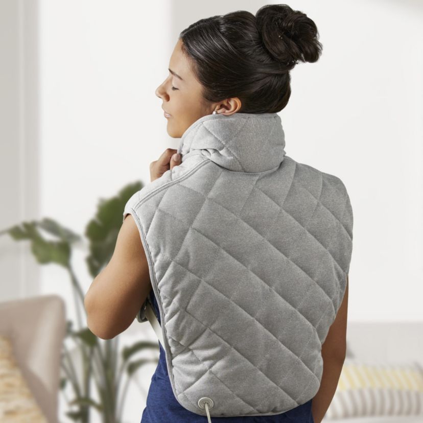 Sharper Image® Heated Neck and Back Massager, Weighted Wrap With 3 Vibration Levels, Durable Quilted Plush Fabric For Pain, Tension, and Stress Relief