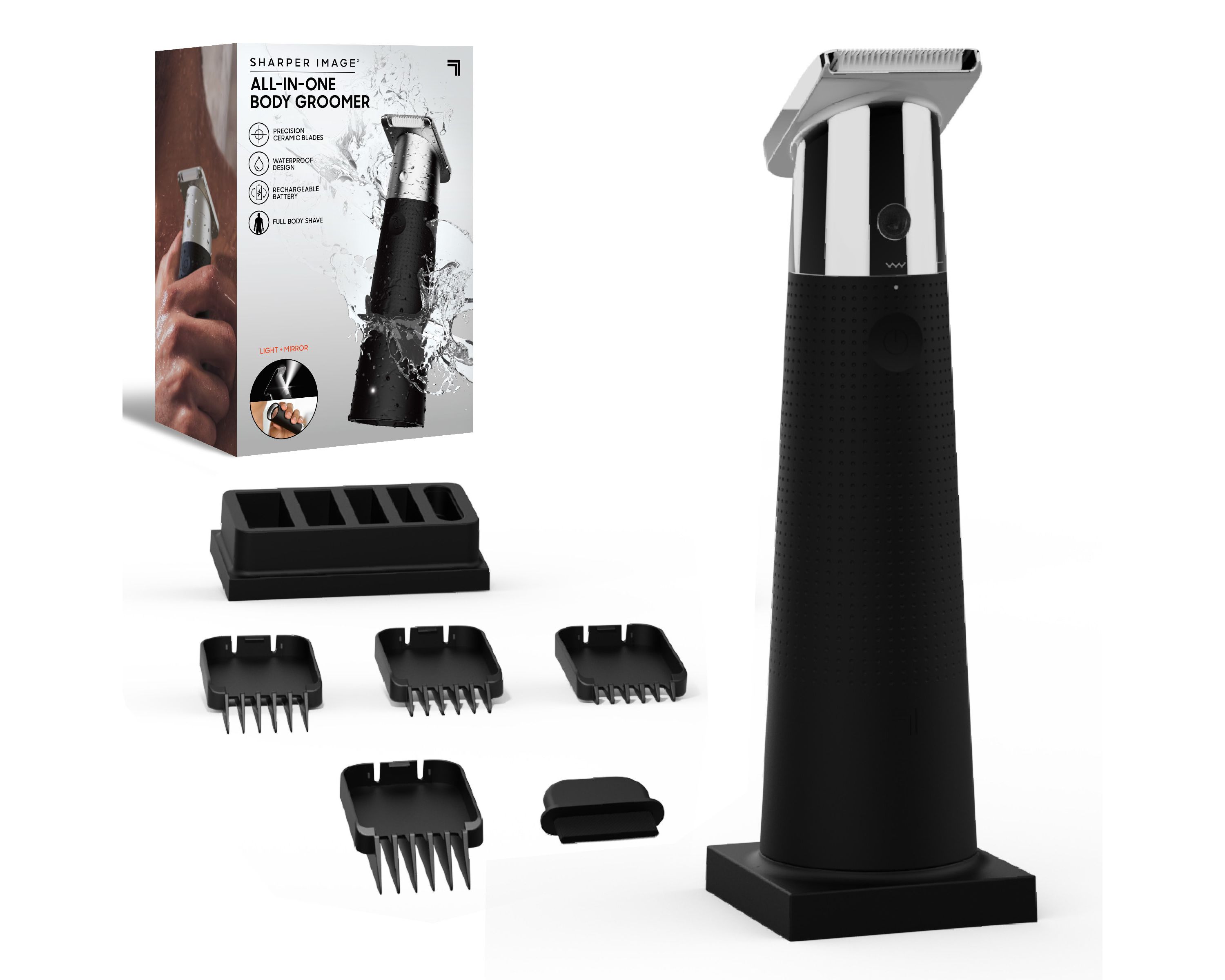Sharper Image® All-In-One Body Groomer, Precision Ceramic Blades, IPX7 Waterproof, Travel Lock, Built-In Mirror & Light, 4 Blade Guards, Wireless Charging Base, Ergonomic Grip Handle, Cordless