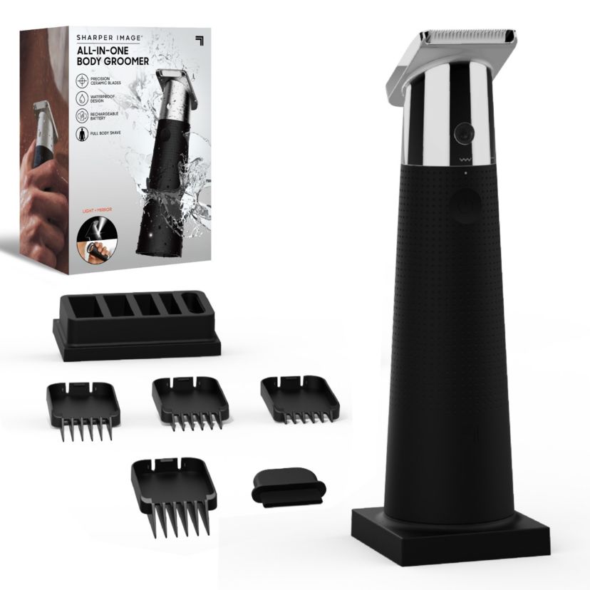 Sharper Image® All-In-One Body Groomer, Precision Ceramic Blades, IPX7 Waterproof, Travel Lock, Built-In Mirror & Light, 4 Blade Guards, Wireless Charging Base, Ergonomic Grip Handle, Cordless