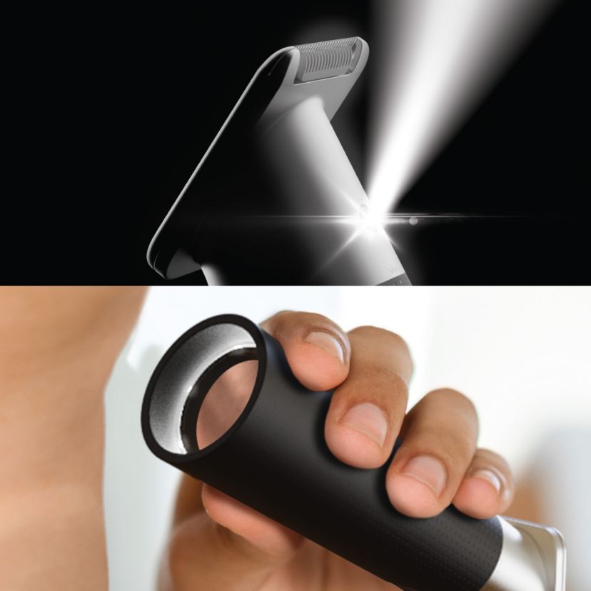Sharper Image® All-In-One Body Groomer, Precision Ceramic Blades, IPX7 Waterproof, Travel Lock, Built-In Mirror & Light, 4 Blade Guards, Wireless Charging Base, Ergonomic Grip Handle, Cordless