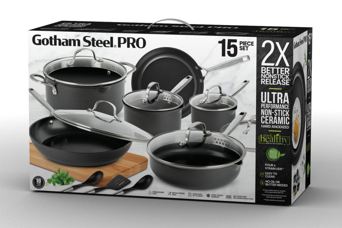 Gotham Steel Pro 2x Hard Anodized Ultra Ceramic 15 Piece Cookware Set