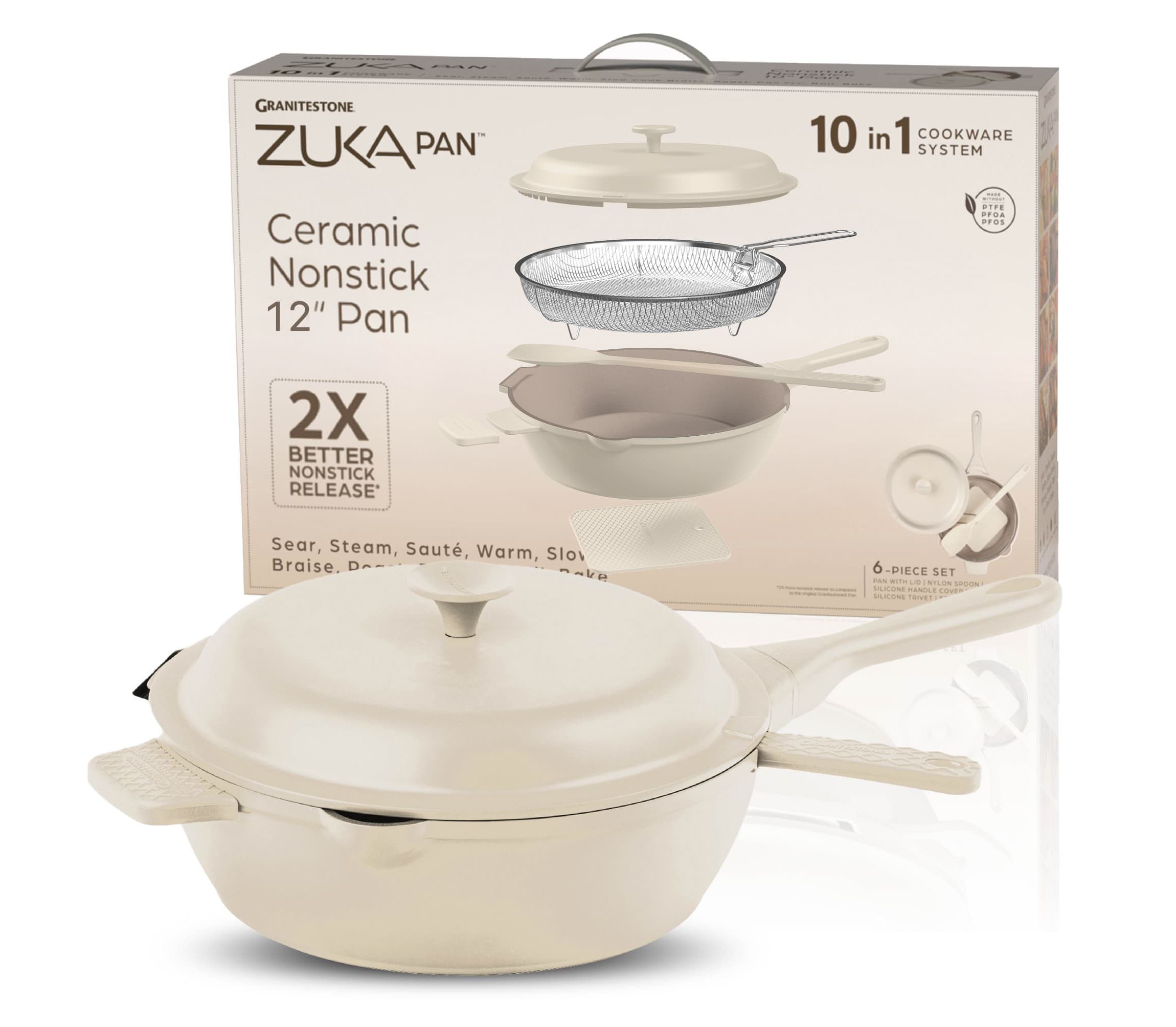 Zuka Everyday Pan 4.25 qt. (12 in.) 10 in 1 Ceramic Nonstick Multi-Functional Saute Pan with Lid, Nylon Spoon, & Steamer Basket
