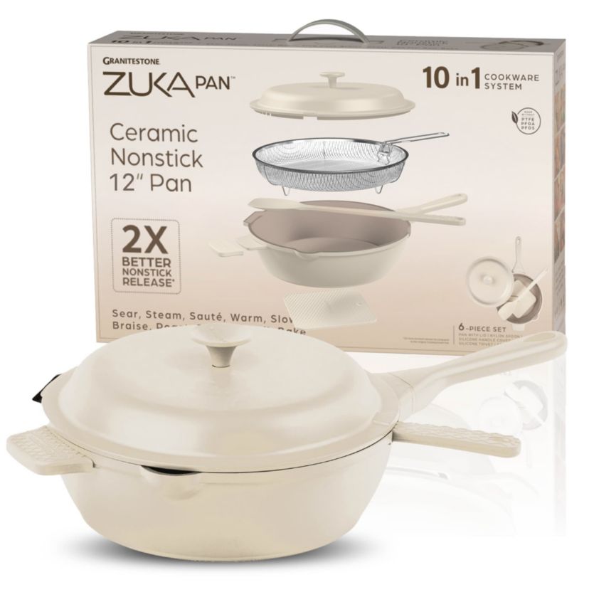 Zuka Everyday Pan 4.25 qt. (12 in.) 10 in 1 Ceramic Nonstick Multi-Functional Saute Pan with Lid, Nylon Spoon, & Steamer Basket