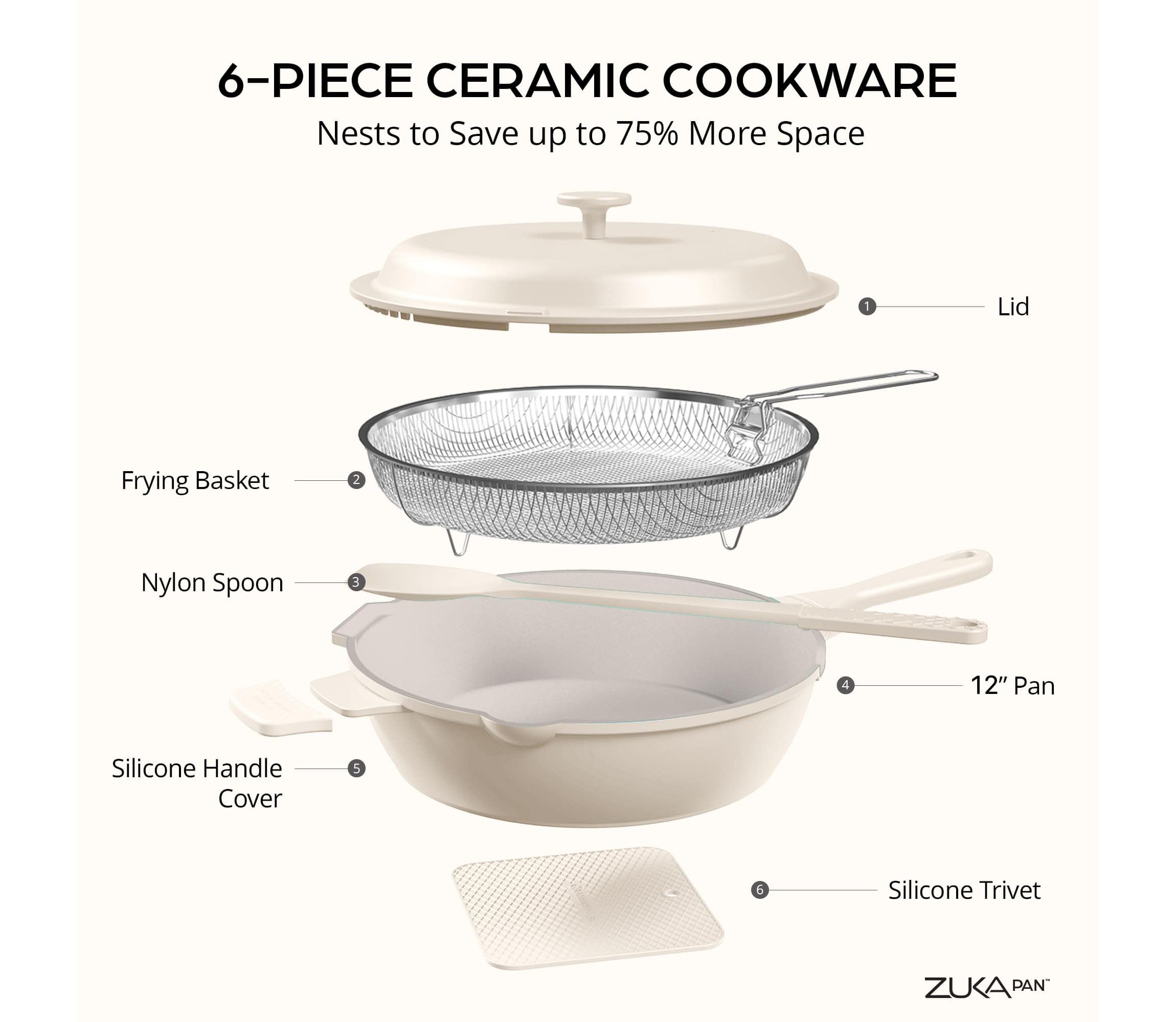 Zuka Everyday Pan 4.25 qt. (12 in.) 10 in 1 Ceramic Nonstick Multi-Functional Saute Pan with Lid, Nylon Spoon, & Steamer Basket
