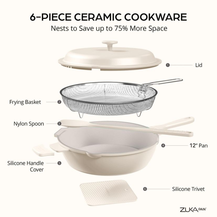 Zuka Everyday Pan 4.25 qt. (12 in.) 10 in 1 Ceramic Nonstick Multi-Functional Saute Pan with Lid, Nylon Spoon, & Steamer Basket