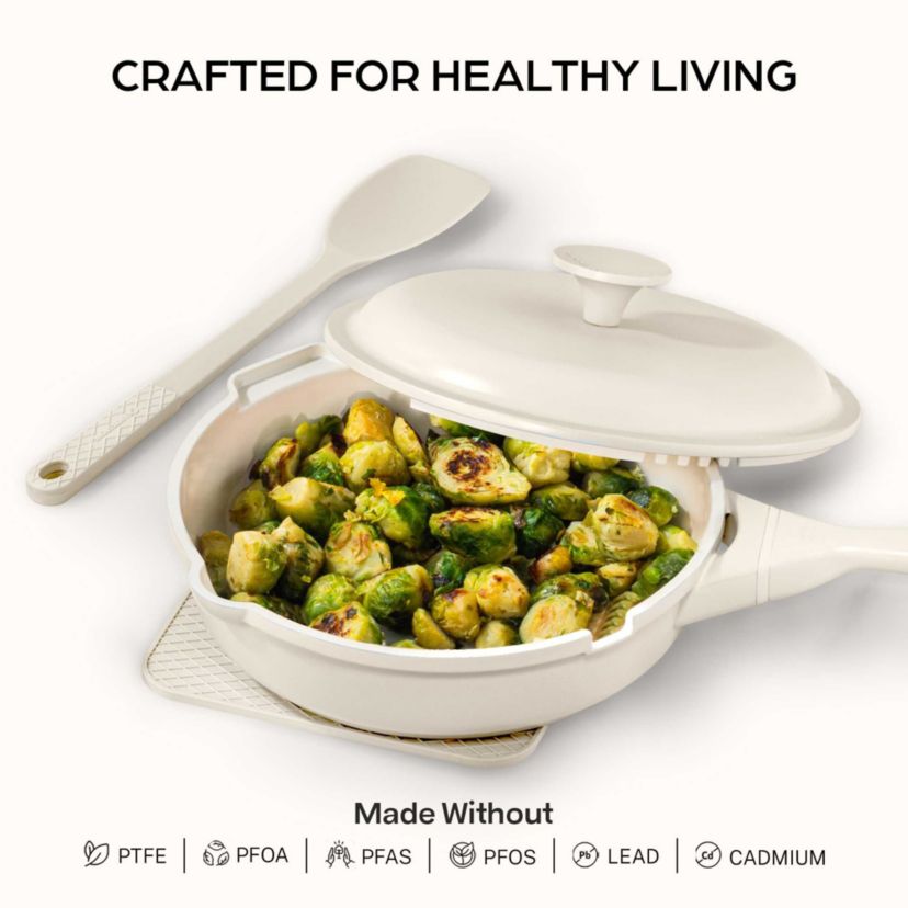 Zuka Everyday Pan 4.25 qt. (12 in.) 10 in 1 Ceramic Nonstick Multi-Functional Saute Pan with Lid, Nylon Spoon, & Steamer Basket