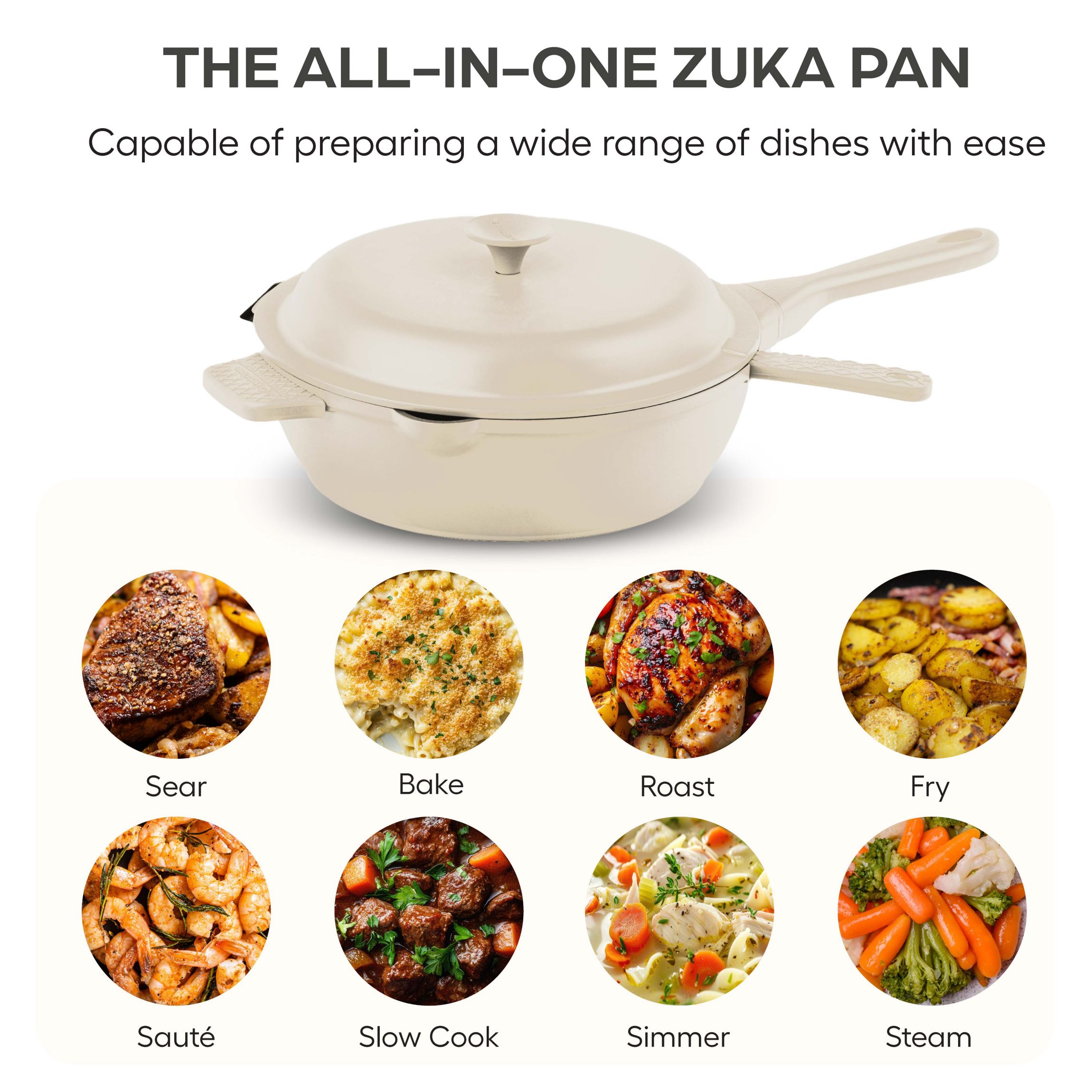 Zuka Everyday Pan 4.25 qt. (12 in.) 10 in 1 Ceramic Nonstick Multi-Functional Saute Pan with Lid, Nylon Spoon, & Steamer Basket