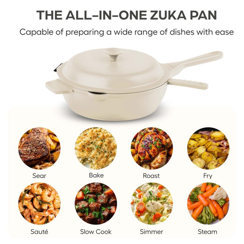 Zuka Everyday Pan 4.25 qt. (12 in.) 10 in 1 Ceramic Nonstick Multi-Functional Saute Pan with Lid, Nylon Spoon, & Steamer Basket