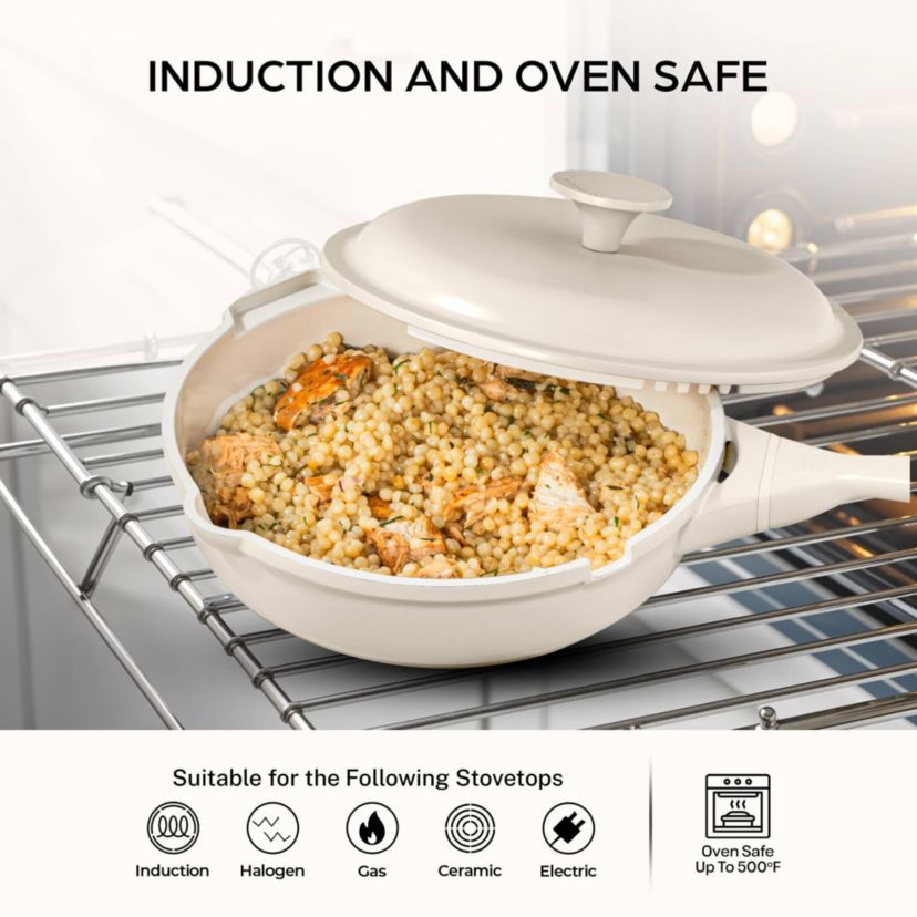 Zuka Everyday Pan 4.25 qt. (12 in.) 10 in 1 Ceramic Nonstick Multi-Functional Saute Pan with Lid, Nylon Spoon, & Steamer Basket