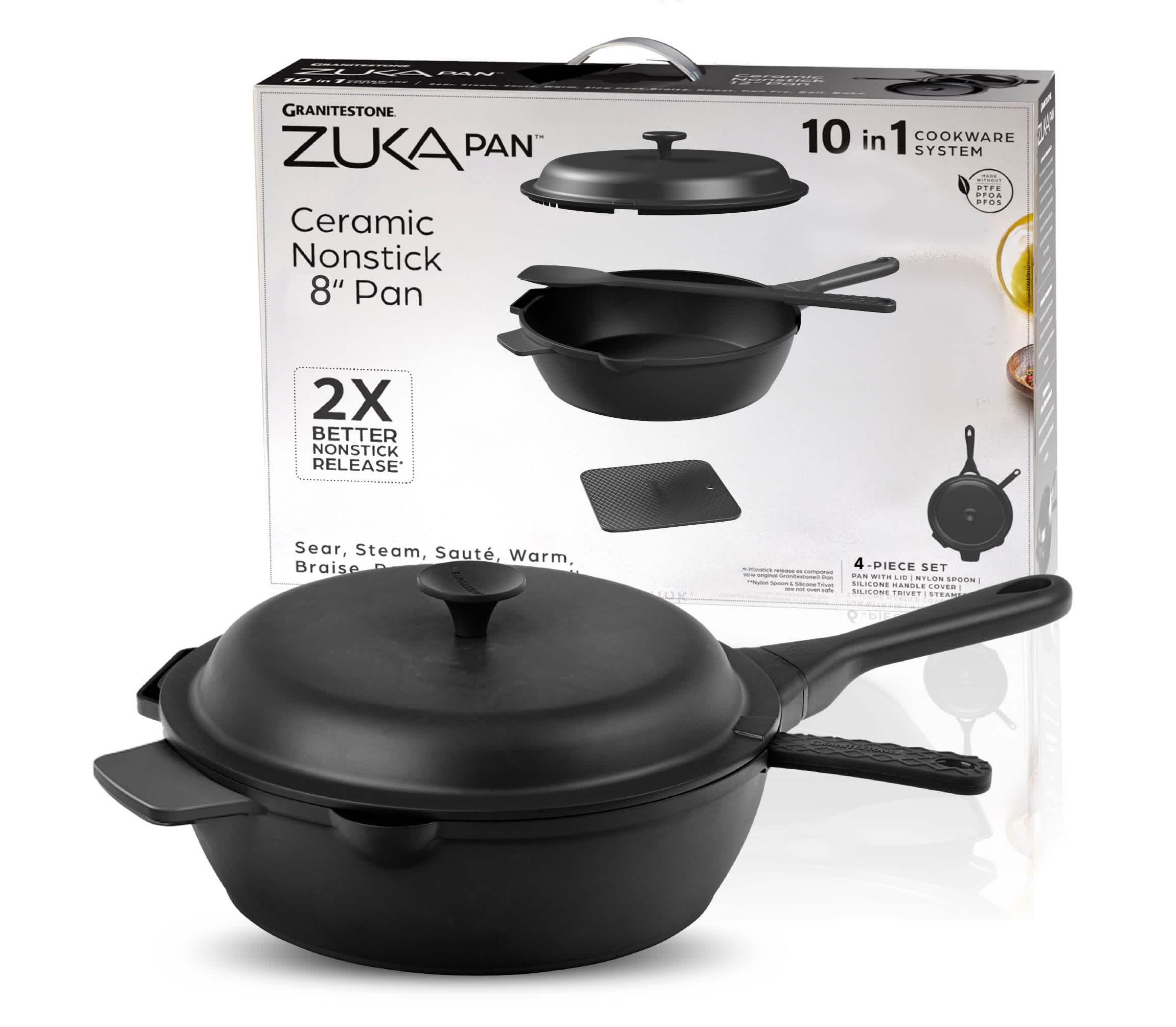 Zuka Everyday Pan 1.25 qt. (8 in.) 10 in 1 Ceramic Nonstick Multi-Functional Saute Pan with Lid, Nylon Spoon