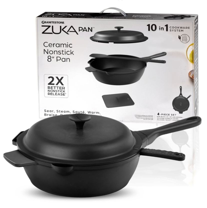 Zuka Everyday Pan 1.25 qt. (8 in.) 10 in 1 Ceramic Nonstick Multi-Functional Saute Pan with Lid, Nylon Spoon