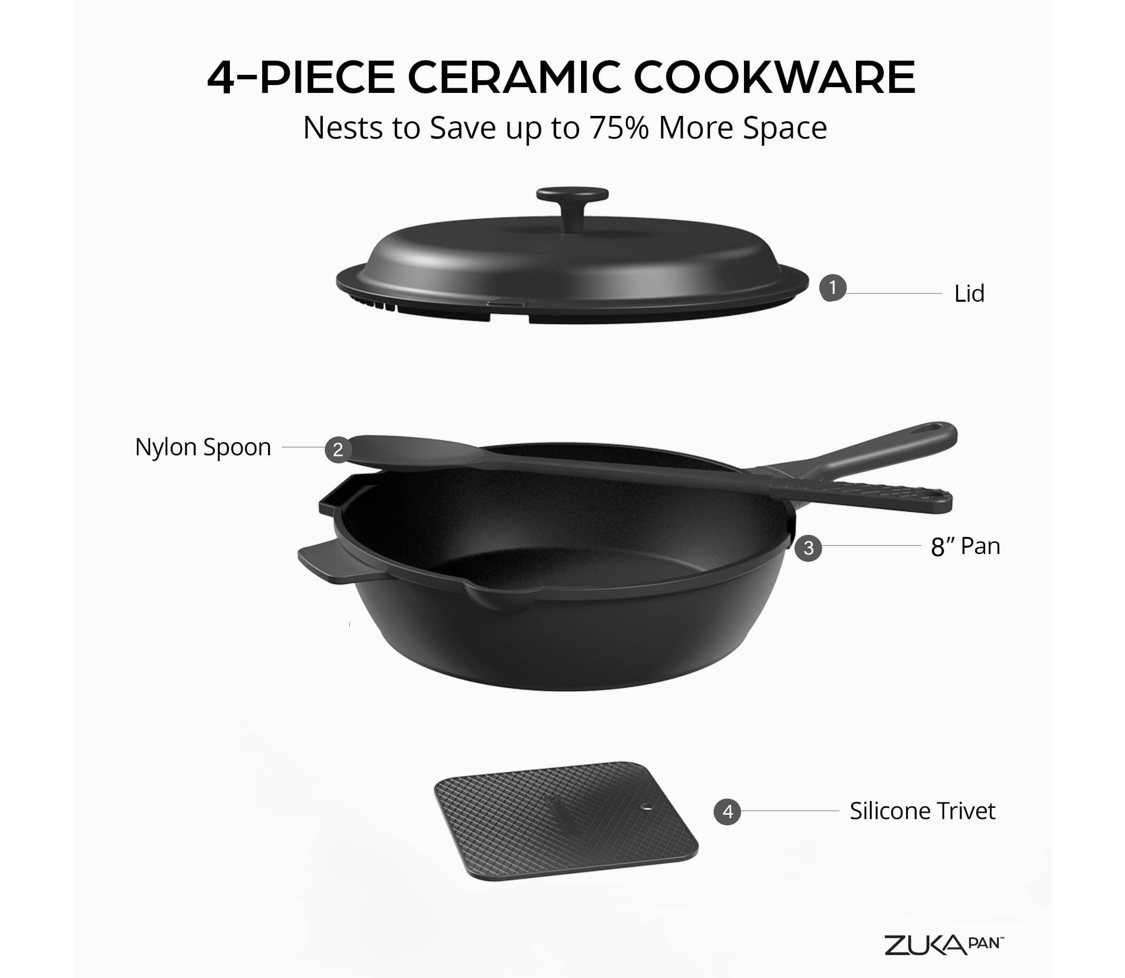 Zuka Everyday Pan 1.25 qt. (8 in.) 10 in 1 Ceramic Nonstick Multi-Functional Saute Pan with Lid, Nylon Spoon