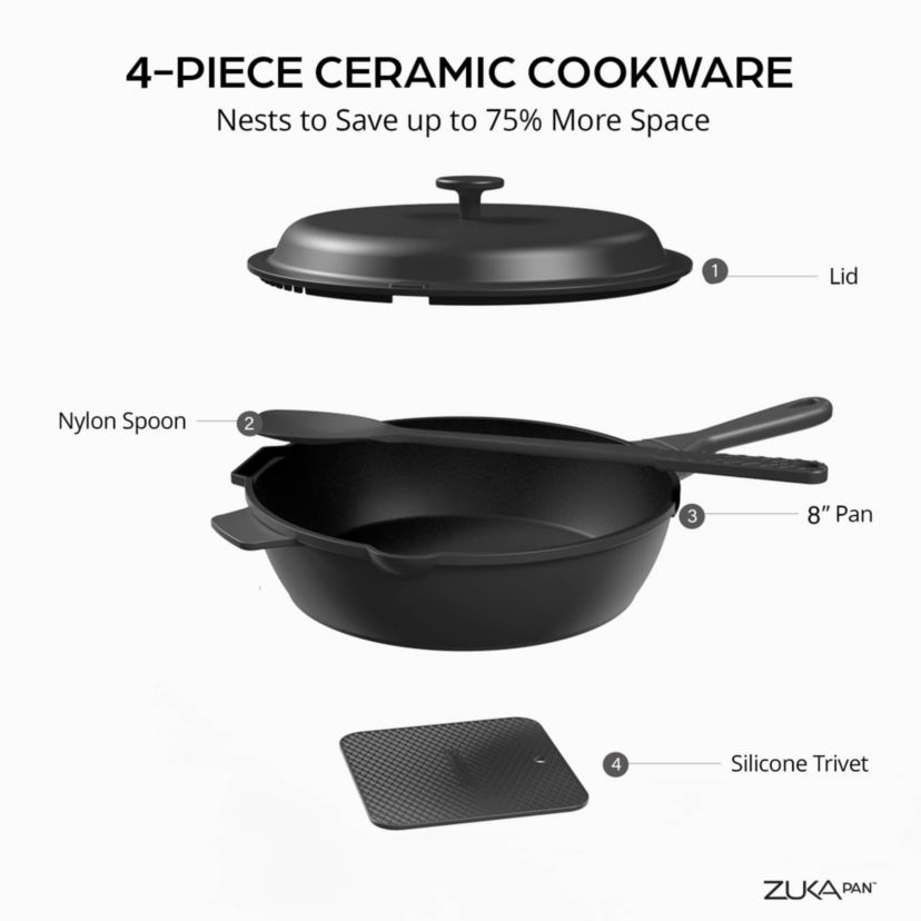 Zuka Everyday Pan 1.25 qt. (8 in.) 10 in 1 Ceramic Nonstick Multi-Functional Saute Pan with Lid, Nylon Spoon