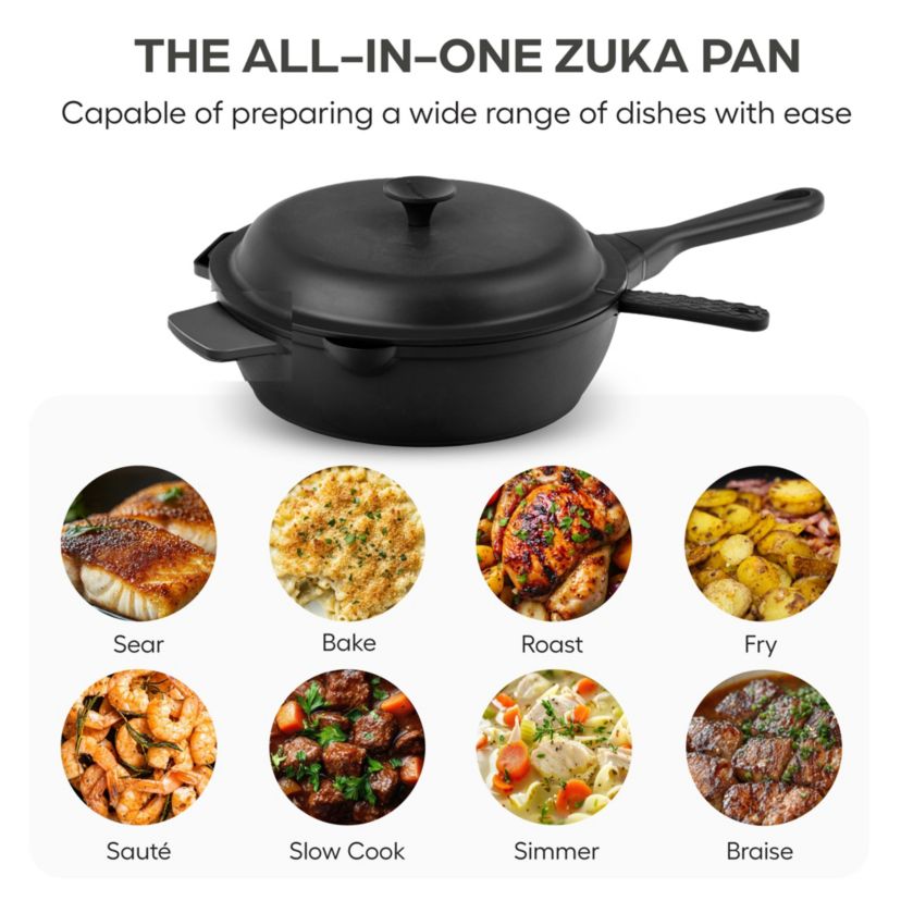 Zuka Everyday Pan 1.25 qt. (8 in.) 10 in 1 Ceramic Nonstick Multi-Functional Saute Pan with Lid, Nylon Spoon