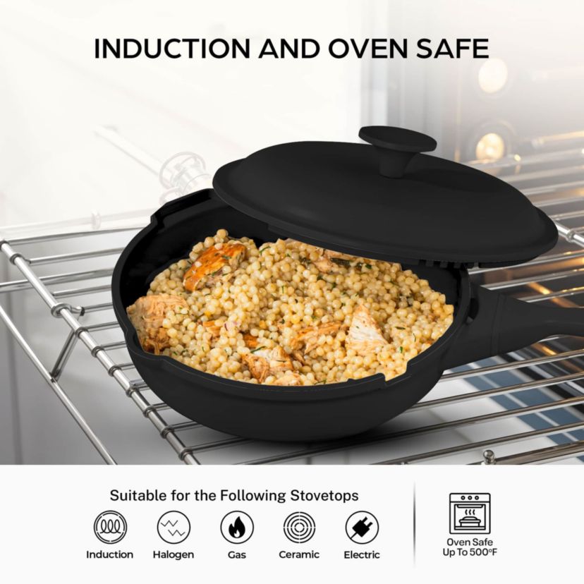 Zuka Everyday Pan 1.25 qt. (8 in.) 10 in 1 Ceramic Nonstick Multi-Functional Saute Pan with Lid, Nylon Spoon