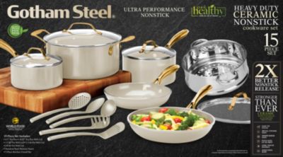 Gotham Steel Gotham Steel Natural Collection 15 Piece Cookware Set in Cream with Gold Handles