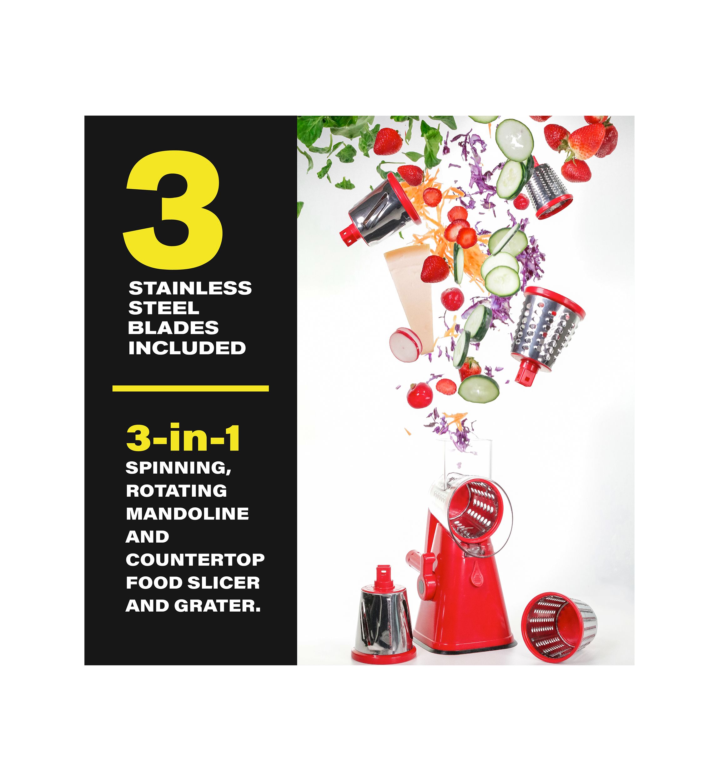 Nutri Slicer 3-in-1 Spinning/Rotating Mandoline and Countertop Food Slicer and Grater