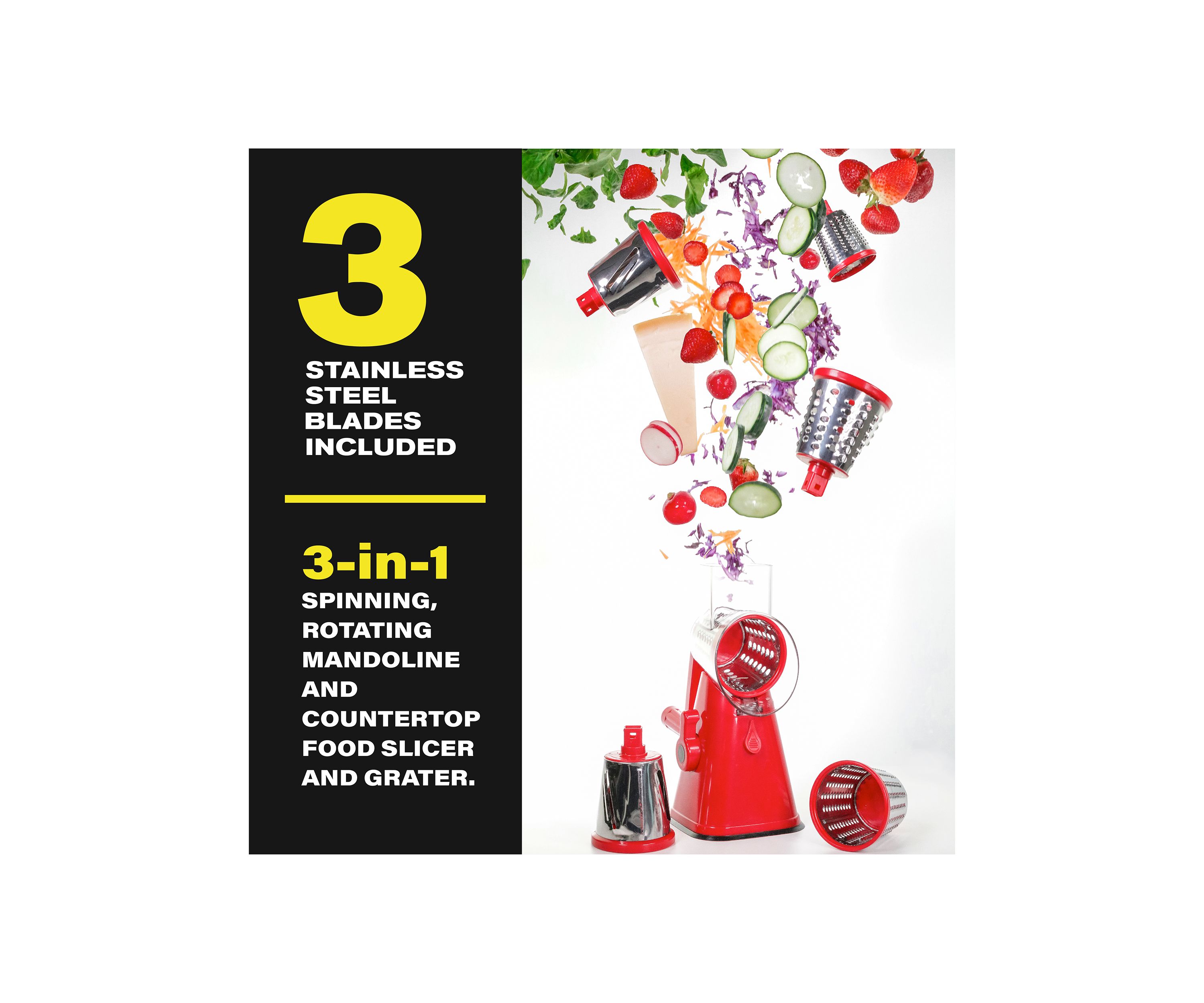 Nutri Slicer 3-in-1 Spinning/Rotating Mandoline and Countertop Food Slicer and Grater