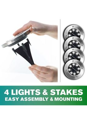 Disk Lights Round Stainless Steel Solar Powered Outdoor Integrated LED Path Disk Lights 4-Pack