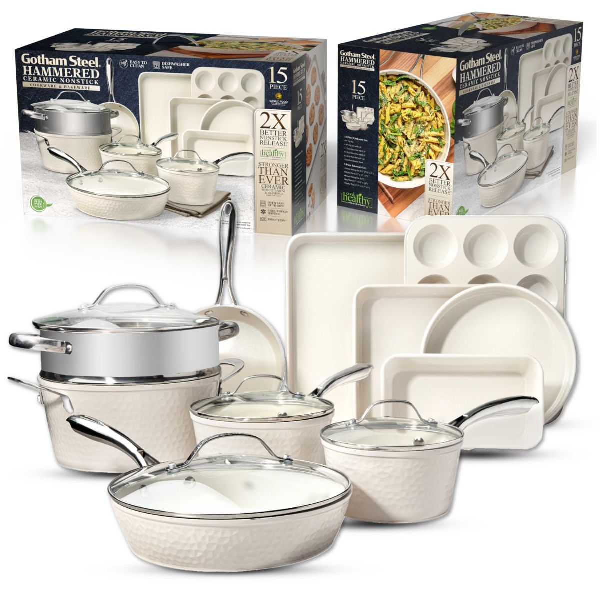 Hammered Cream 15-Piece Cookware & Bakeware