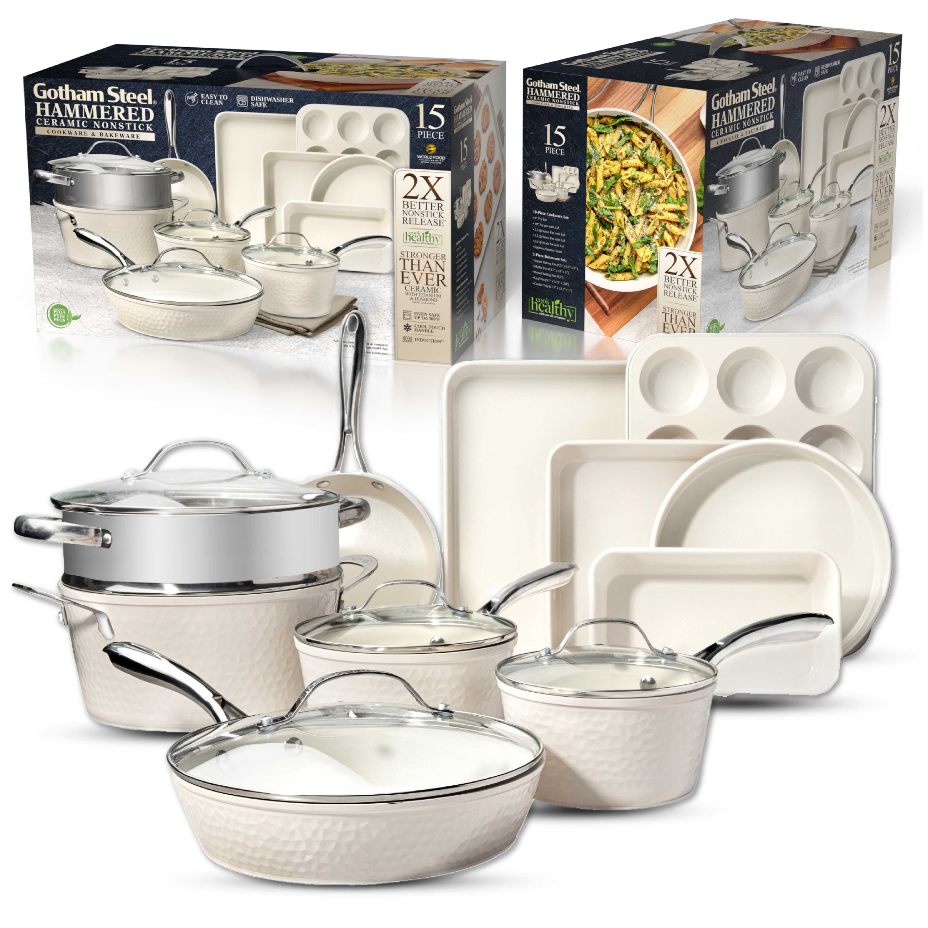 Hammered Cream 15-Piece Cookware & Bakeware