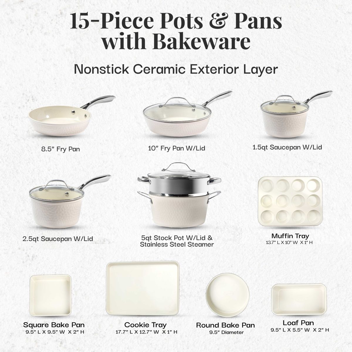 Hammered Cream 15-Piece Cookware & Bakeware
