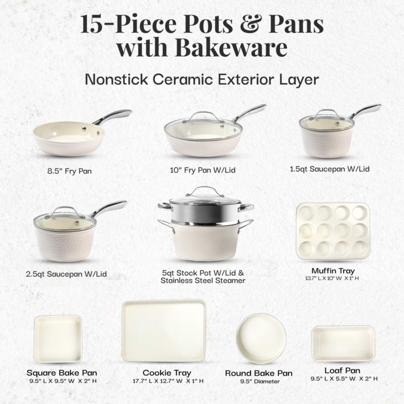 Hammered Cream 15-Piece Cookware & Bakeware