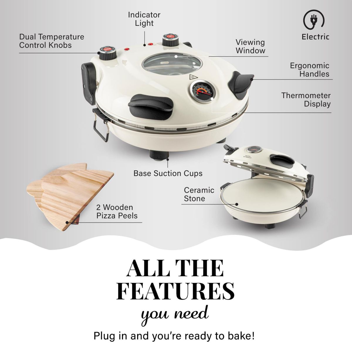 Piezano 12 in. Portable Countertop Stone Bake Indoor Grill Electric Oven Pizza Maker