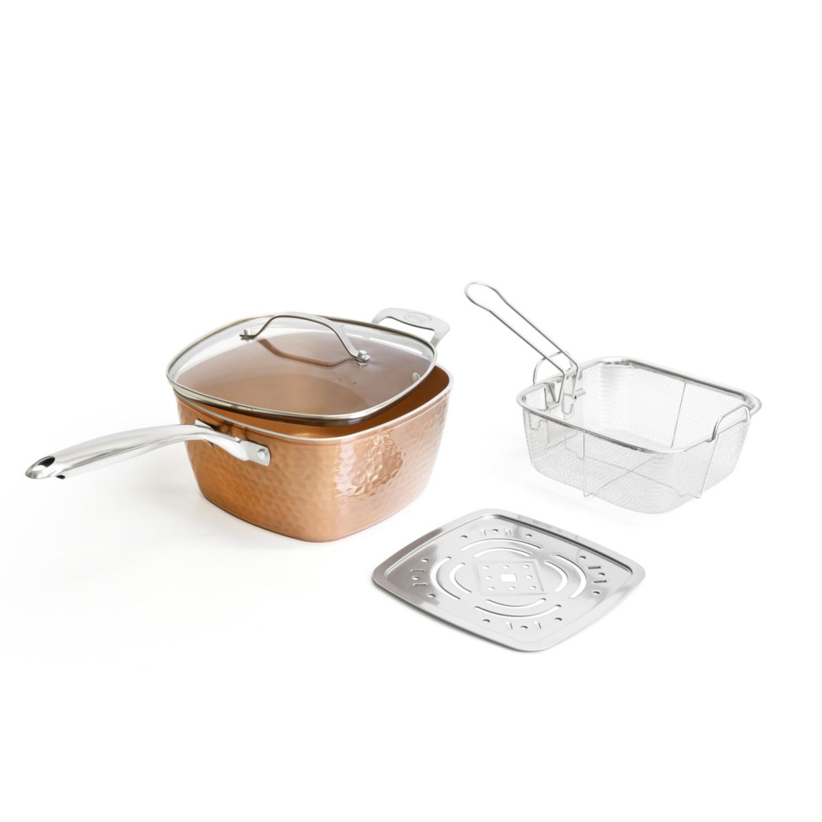 Hammered Copper 9.5 in. Deep Frying Pan 4-Piece Set