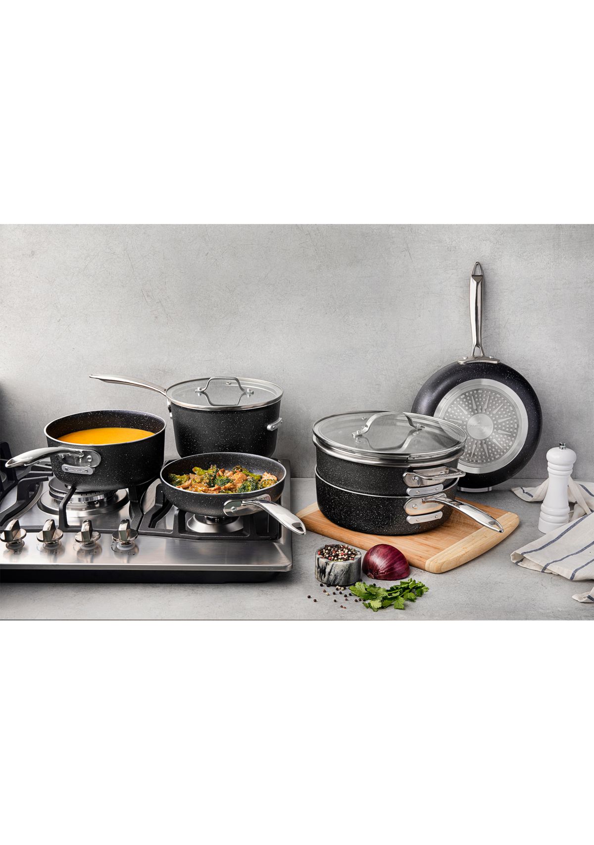 10-Piece Stackmaster Ultra-Durable Mineral And Diamond Infused Space Saving Stackable Cookware Set