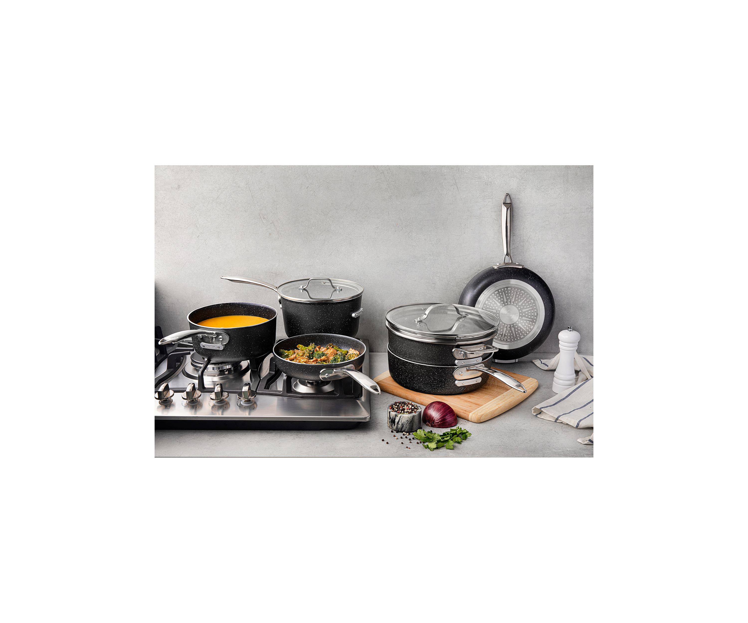 10-Piece Stackmaster Ultra-Durable Mineral And Diamond Infused Space Saving Stackable Cookware Set