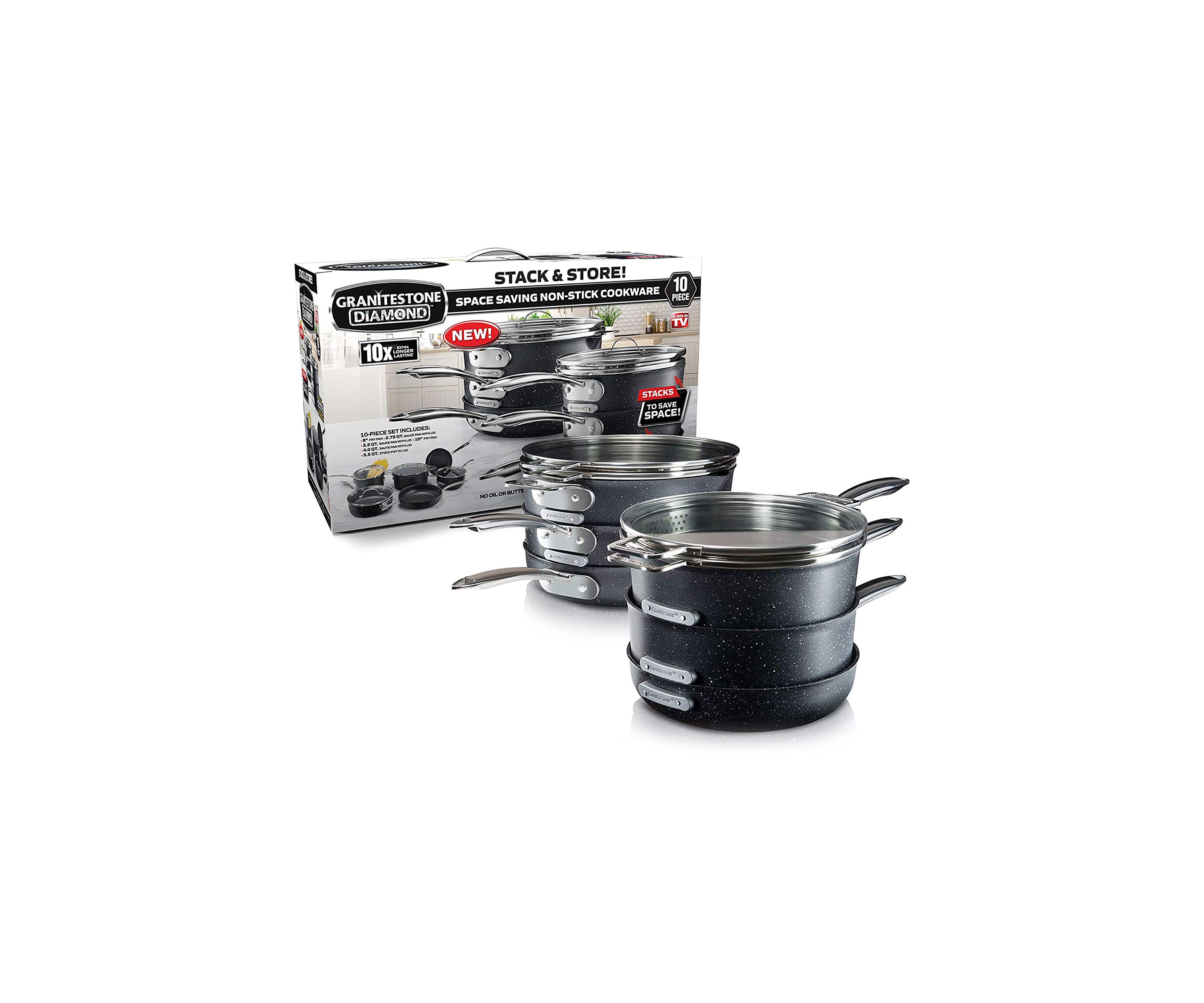 10-Piece Stackmaster Ultra-Durable Mineral And Diamond Infused Space Saving Stackable Cookware Set