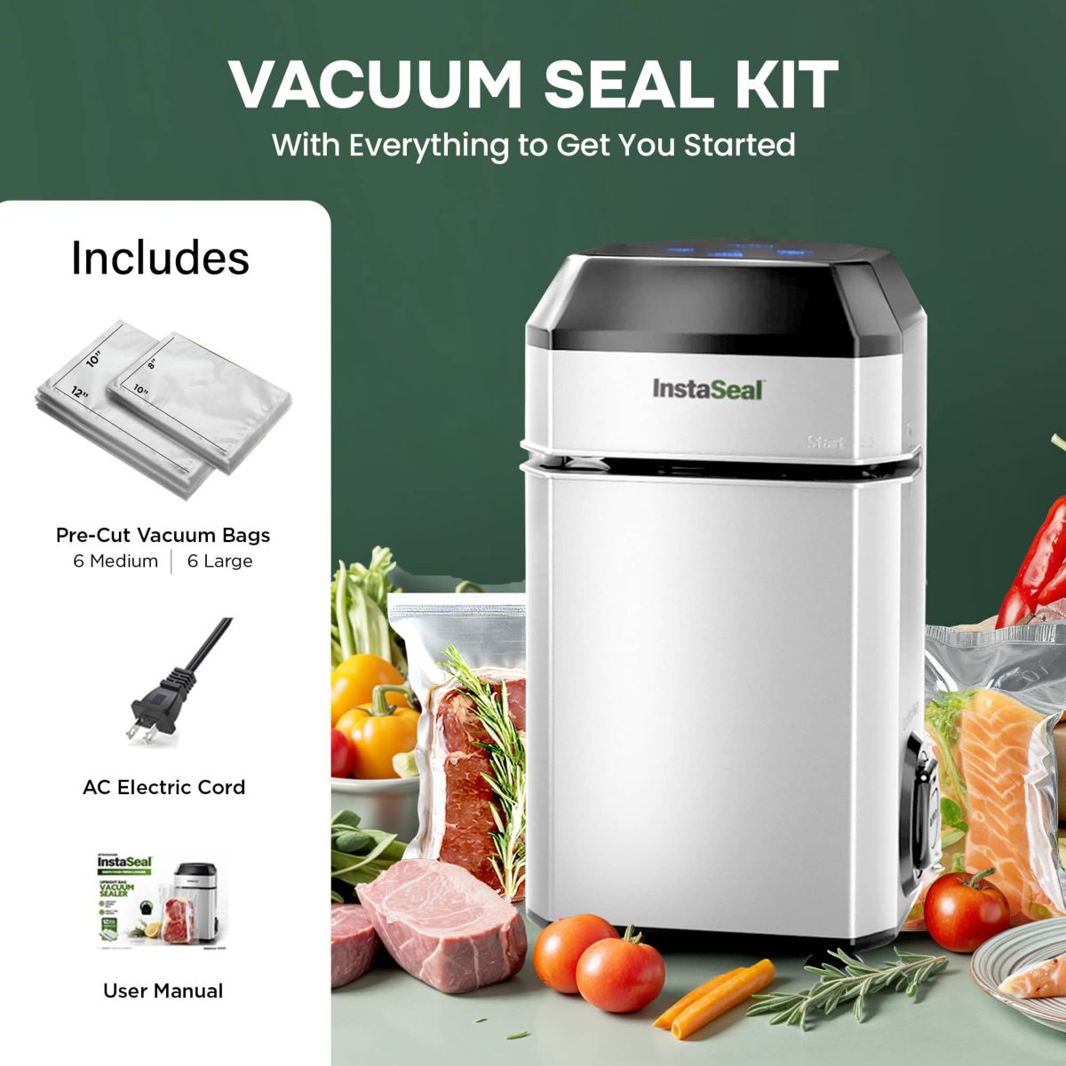 InstaSeal Airtight Double Seal Compact Upright Bag Food Vacuum Sealer with 12-Bags