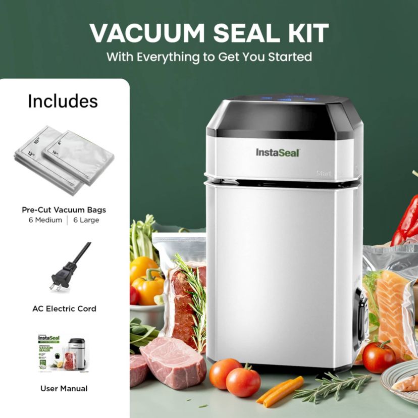 InstaSeal Airtight Double Seal Compact Upright Bag Food Vacuum Sealer with 12-Bags