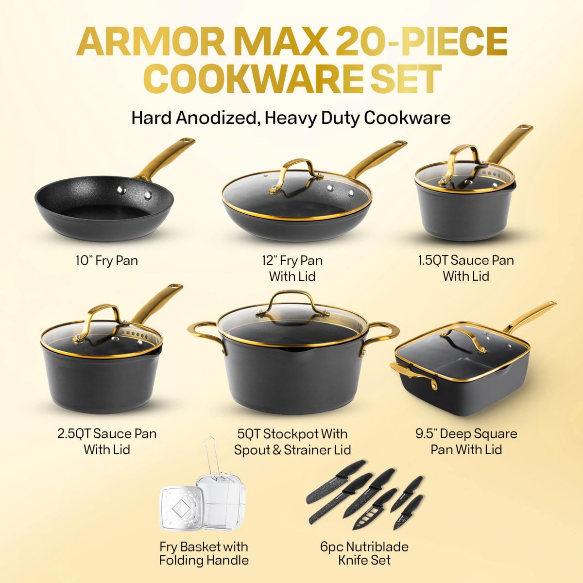 Granitestone Armor Max Gold 20-Piece Hard Anodized Heavy Duty 4-Layer Ultra Release Nonstick Cookware Set