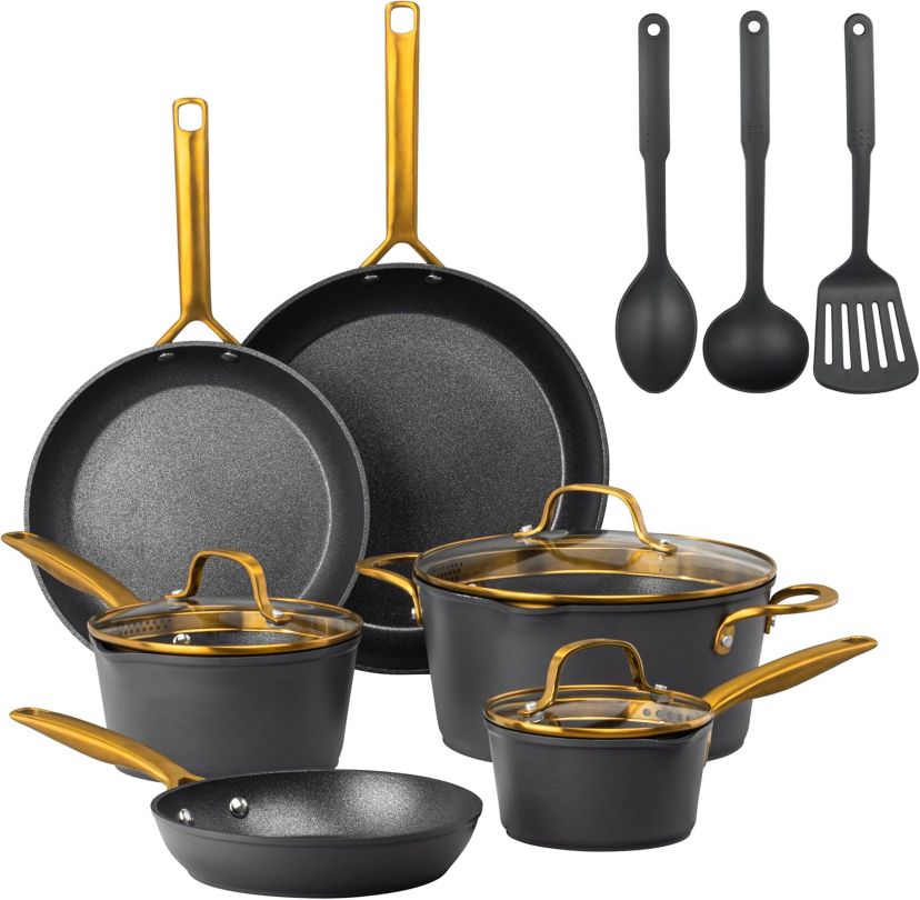 Granitestone Armor Max Gold 14-Piece Hard Anodized Heavy Duty 4-Layer Ultra Release Nonstick Cookware Set