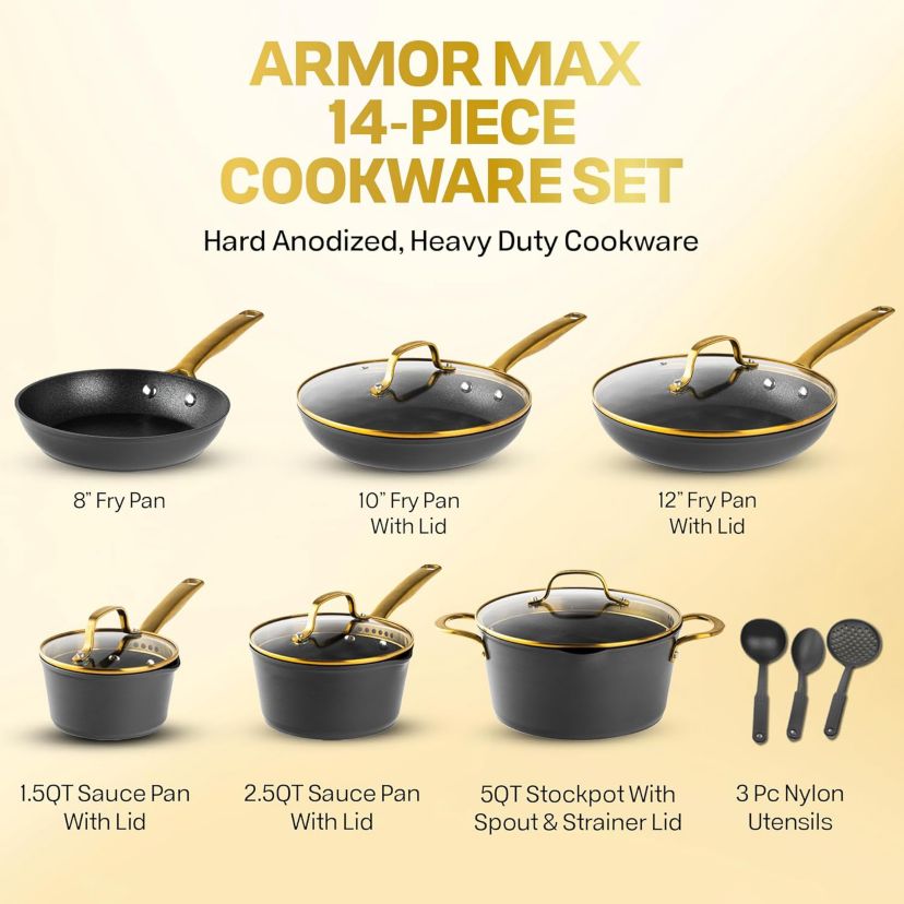 Granitestone Armor Max Gold 14-Piece Hard Anodized Heavy Duty 4-Layer Ultra Release Nonstick Cookware Set