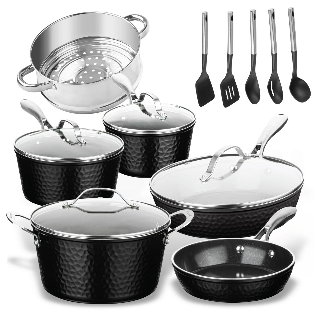 Gotham Steel Hammered Black 15-PC Cookware Set