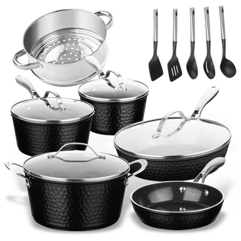 Gotham Steel Hammered Black 15-PC Cookware Set