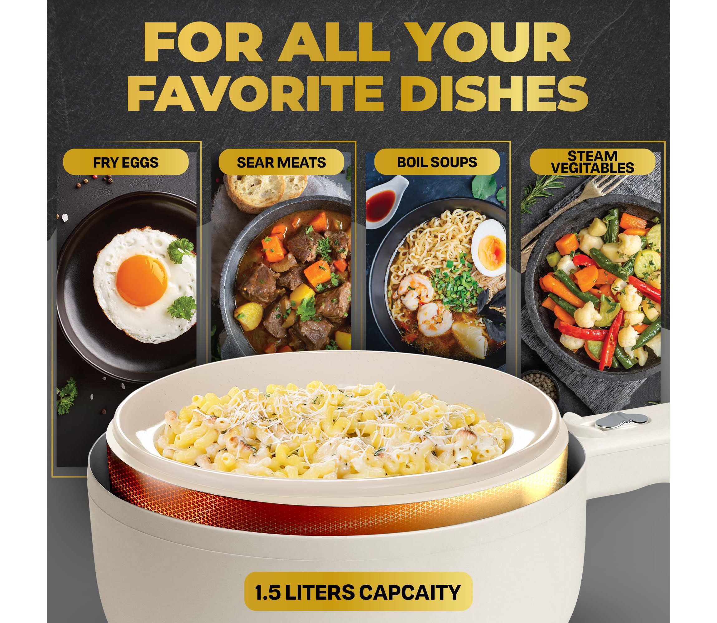 Ceramax 1.6 qt. Portable Ceramic Nonstick Electric Multi-Cooker Cooking Pot with Food Steamer