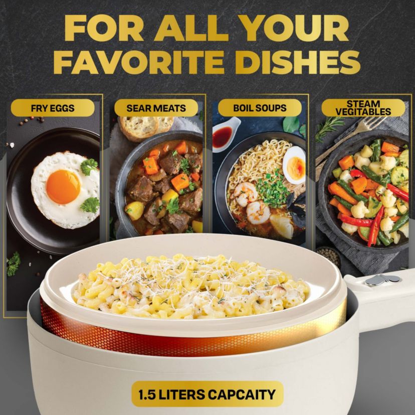 Ceramax 1.6 qt. Portable Ceramic Nonstick Electric Multi-Cooker Cooking Pot with Food Steamer