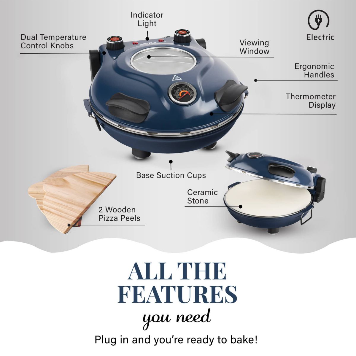 Piezano 12 in. Portable Countertop Stone Bake Indoor Grill Electric Oven Pizza Maker