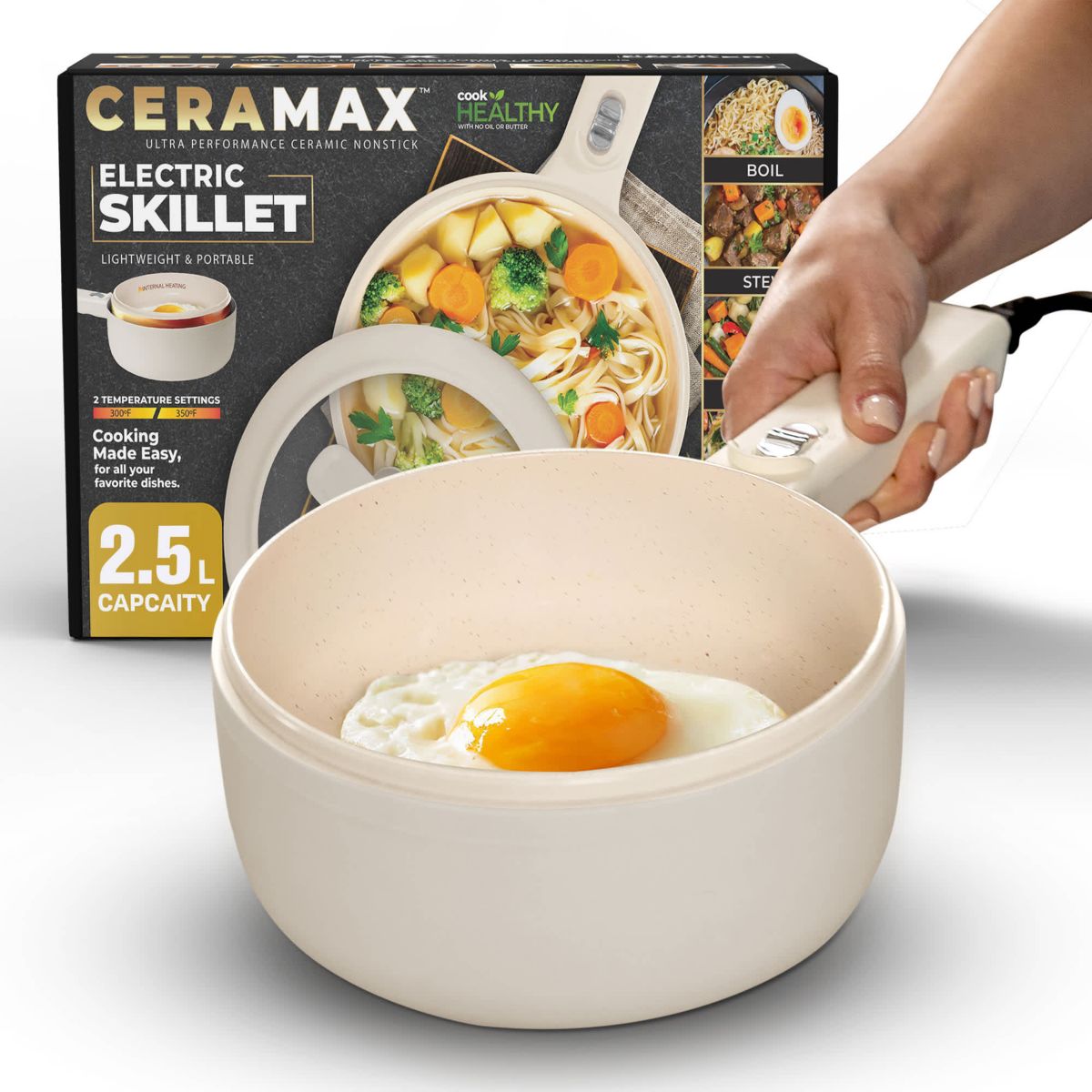 Ceramax 2.6 qt. Portable Ceramic Nonstick Electric Multi-Cooker Cooking Pot with Food Steamer