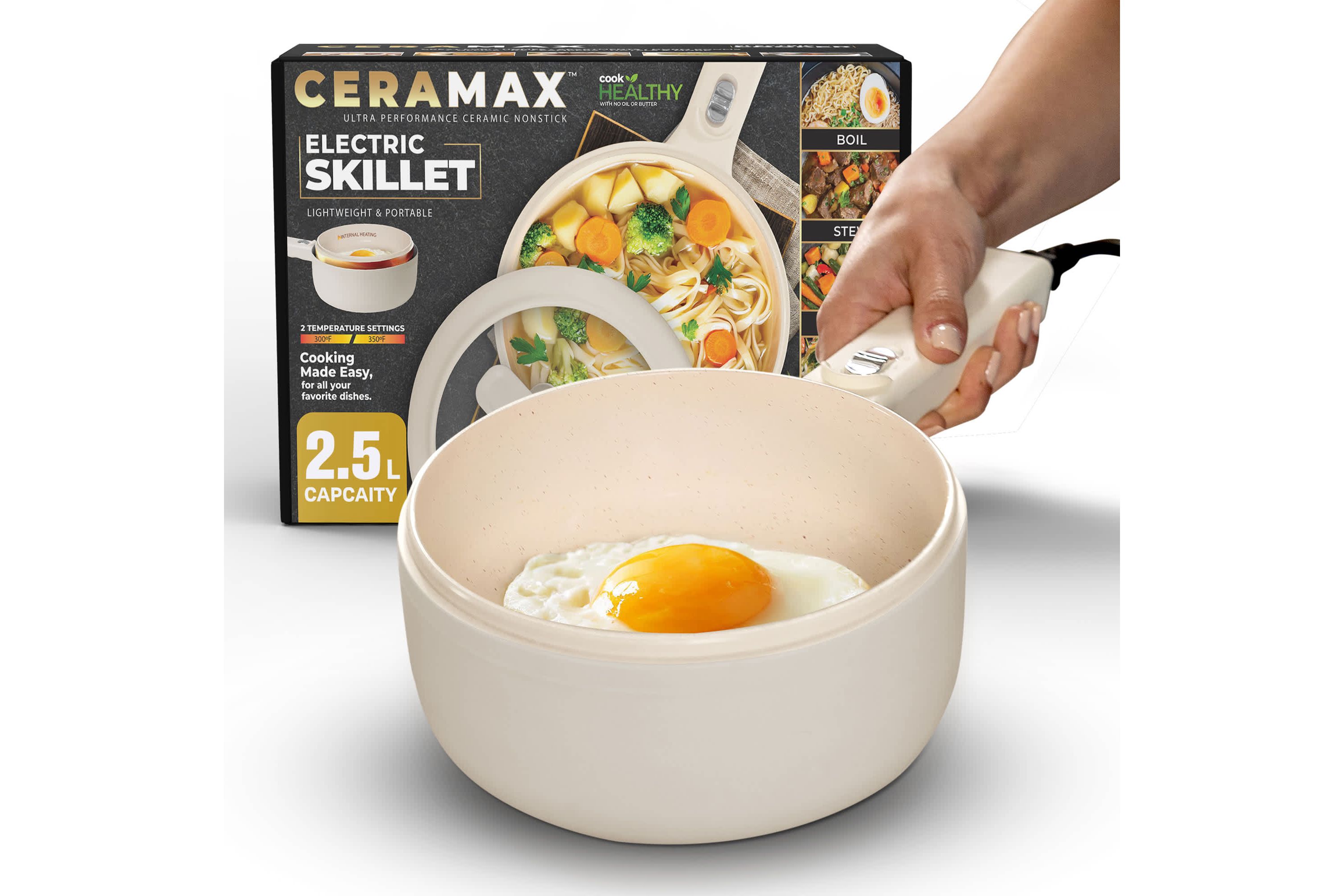 Ceramax 2.6 qt. Portable Ceramic Nonstick Electric Multi-Cooker Cooking Pot with Food Steamer